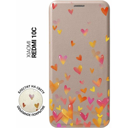 Чехол-книжка на Xiaomi Redmi 10C, Сяоми Редми 10С с 3D принтом Flying Hearts золотистый чехол книжка на xiaomi redmi 6 сяоми редми 6 с 3d принтом flying hearts золотой