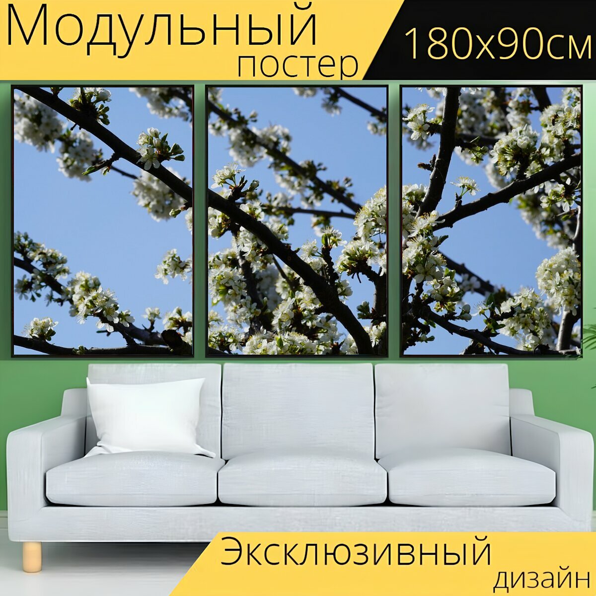 Модульный постер "Вишни в цвету, весна, вишневое дерево" 180 x 90 см. для интерьера