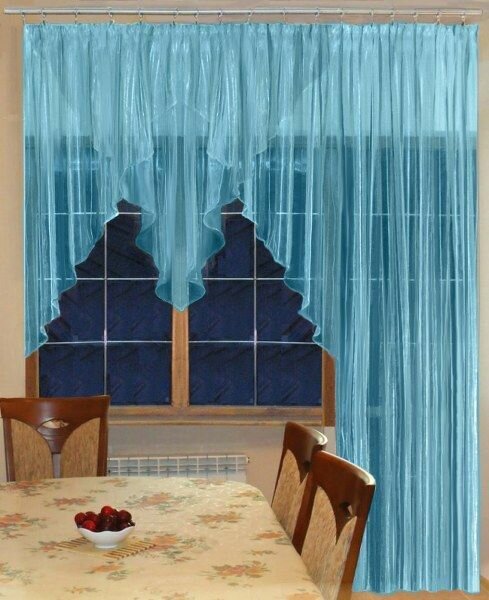 Тюль для окна с балконом на кухню и комнату на ленте ТРИО-1 цвет голубой шир. 300 см выс. 250 см