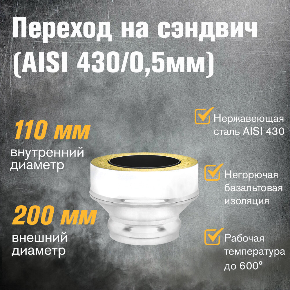 Переход на сэндвич из нержавейка стали (AISI 430/05мм) (ММ) (110х200) для дымохода