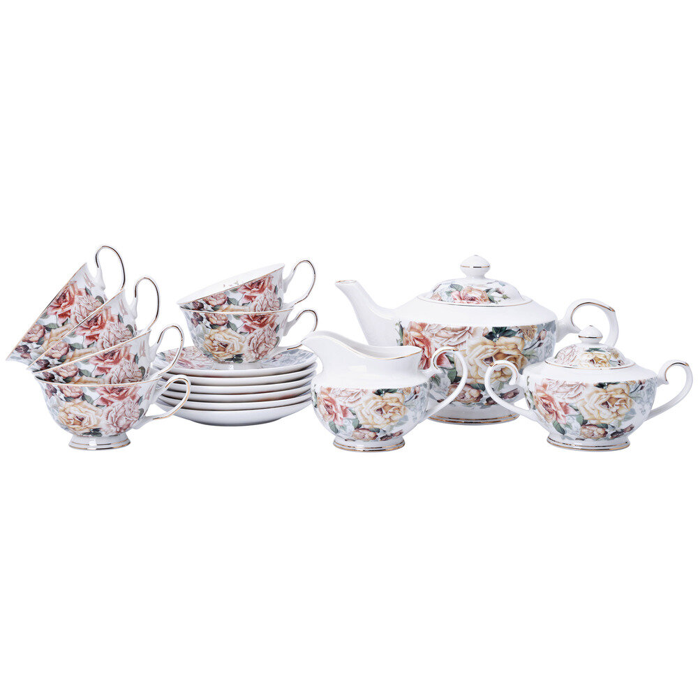 Фарфоровый чайный сервиз на 6 персон, 15 предметов, белый/декор, серия Розамунда, Anna Lafarg, AL-1725-W-15TS-P4