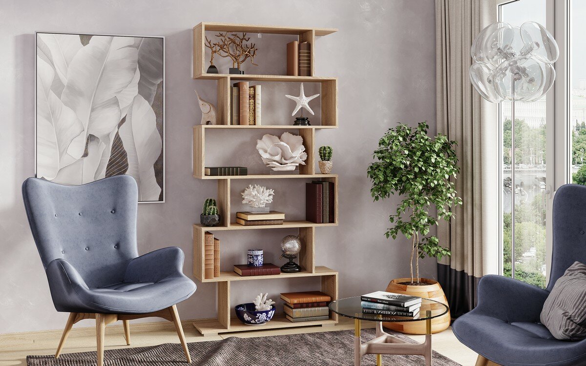 фото Стеллаж Лайт СЖ 001 Дуб Сонома светлый ЛДСП с открытыми полками, для гостиной, спальни, дома, дачи 900х 1930х266 МК стиль