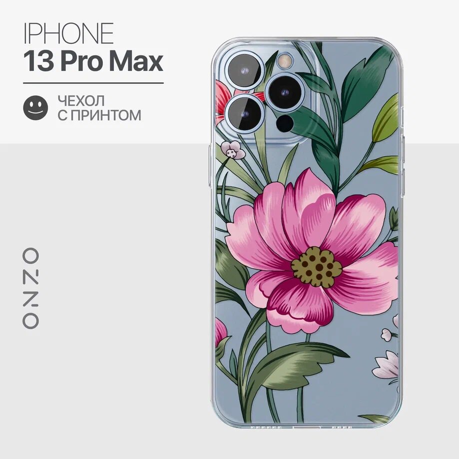 Силиконовый чехол на iPhone 13 Pro Max / Айфон 13 Про Макс прозрачный с рисунком "Pink flower"