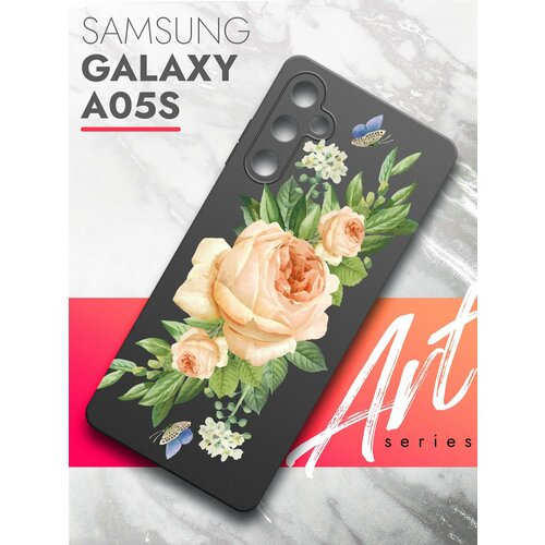 Чехол на Samsung Galaxy A05s (Самсунг Галакси А05с) черный матовый силиконовый с защитой (бортиком) вокруг камер, Brozo (принт) Бежевые Розы чехол на samsung galaxy a05s самсунг галакси а05с прозрачный силиконовый с защитой бортиком вокруг камер brozo принт губы