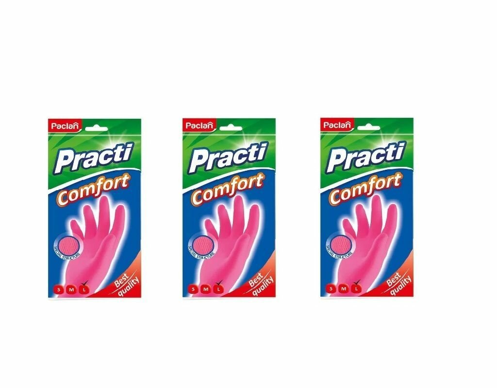 Paclan Перчатки резиновые Comfort (L) розовые, 1 пара/уп, 3 уп