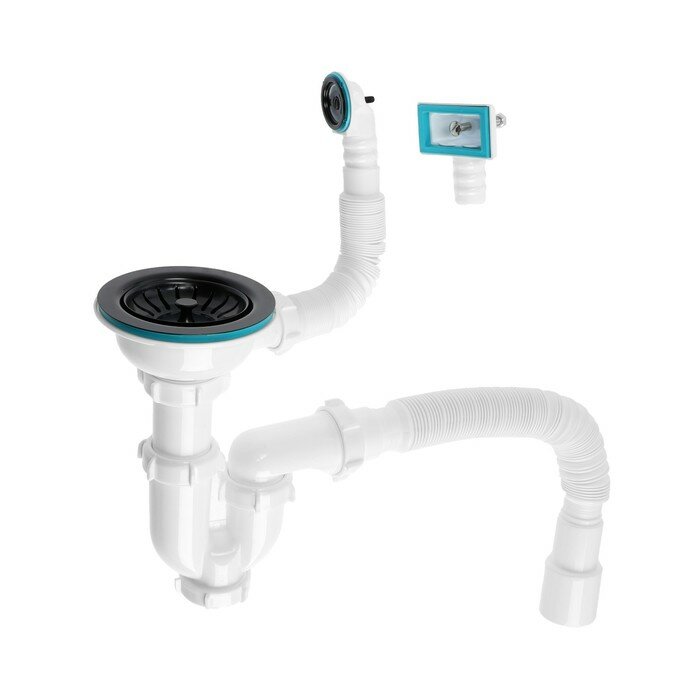 фото Сифон для мойки Aquant, 3 1/2"х40 мм, прямоуг/кругл перелив, с гофрой, прямоточный, чёрный 10359394