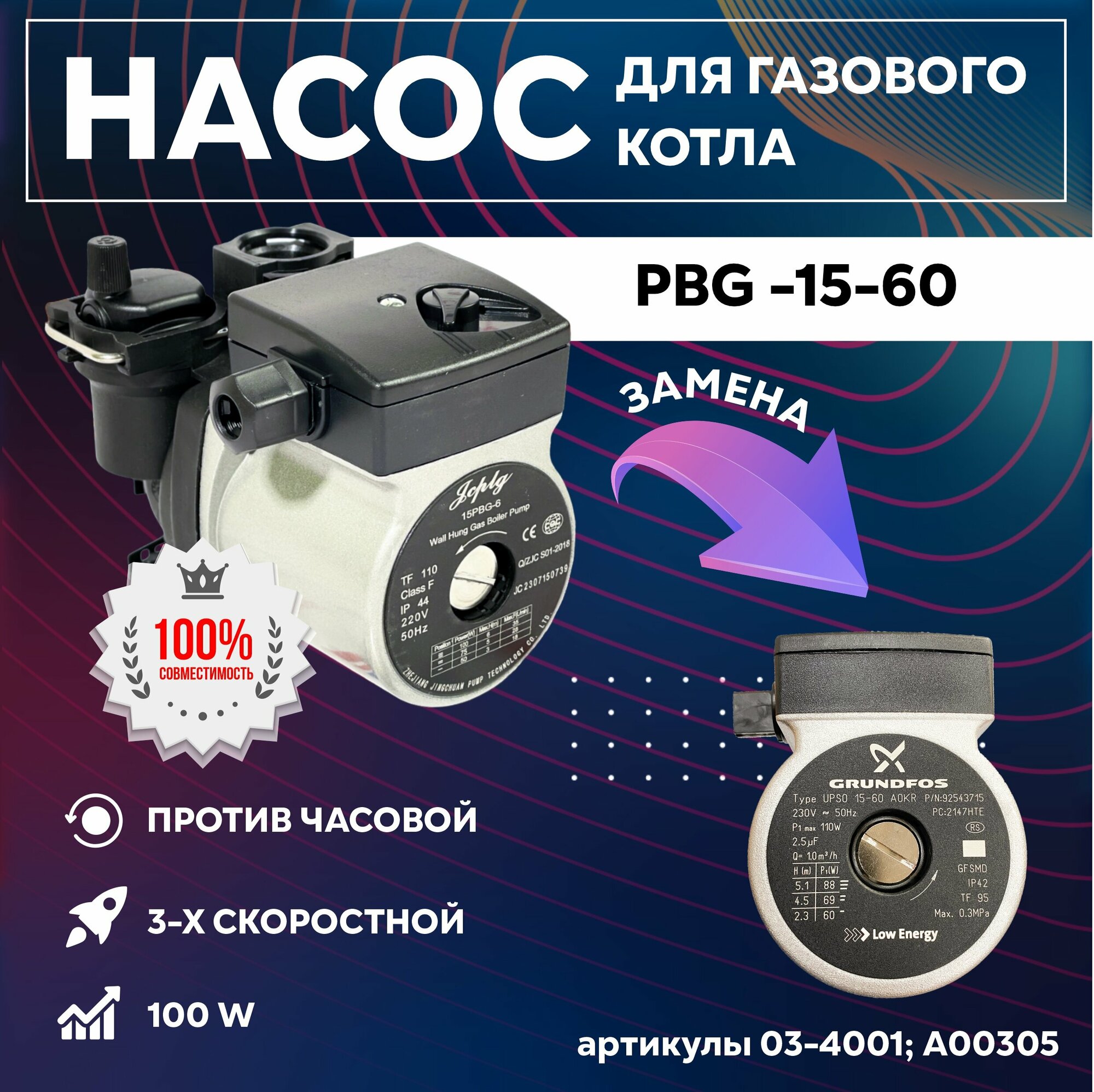 Насос PBG -15-60 3 - скоростной 100W (против часовой) для котлов Haier Gazlux Electrolux (03-4001; A00305)