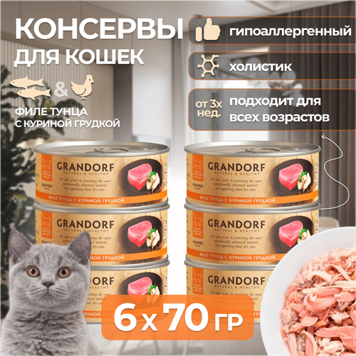 Grandorf Консервы Тунец и куриная грудка для кошек, 70 гр х 6 шт корм влажный для кошек grandorf 70гр 6шт куриная грудка для всех возрастов