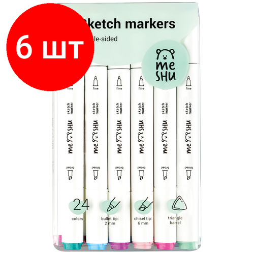 Комплект 6 шт, Набор двусторонних маркеров для скетчинга MESHU 24цв, цветочная гамма, корпус трехгранный, пулевид./клиновид. наконечники, ПВХ-бокс