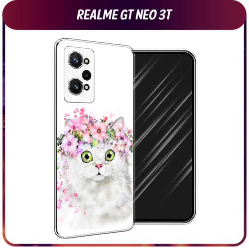 Силиконовый чехол на Realme GT Neo 3T/GT Neo 2 / Реалми GT Neo 3T Белая кошка с цветами