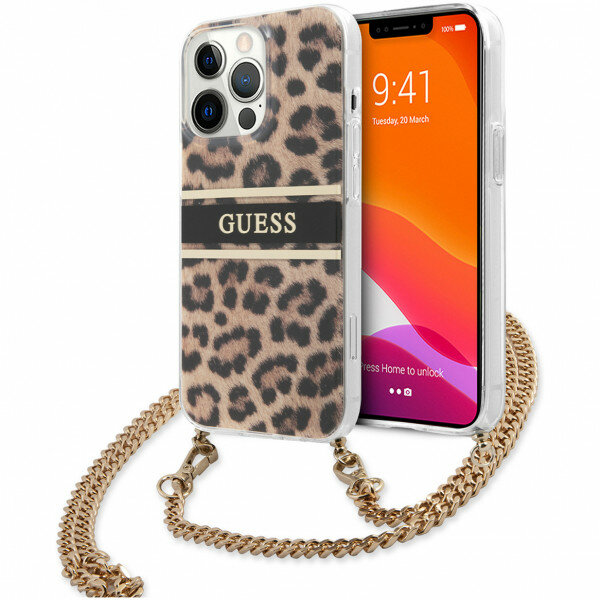 Чехол Guess PC/TPU Leopard Hard + Gold crossbody chain для iPhone 13 Pro, цвет Леопард/Золотая цепь (GUHCP13LKBCLE)