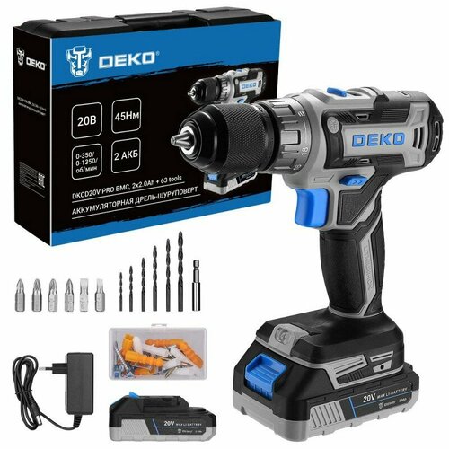 Дрель-шуруповерт аккумуляторная DEKO DKCD20V PRO в кейсе набор 63 инструмента 20В 2x20Ач цена за 1 шт 6220₽