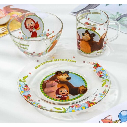 Набор посуды детский Маша и Медведь. Добрый день, 3 предмета: кружка 250 мл, салатник d12,8 см, тарелка d19,5 см