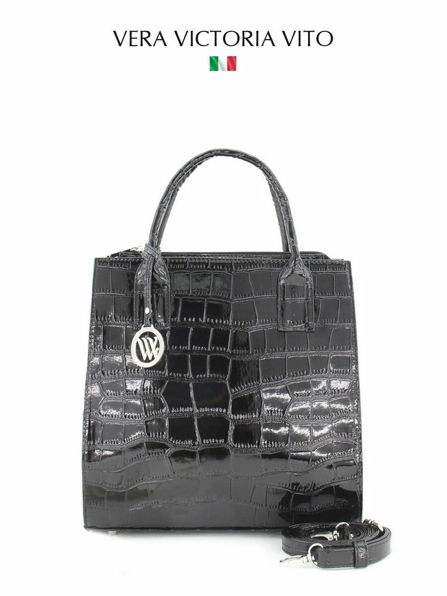 Сумка тоут Vera Victoria Vito, фактура под рептилию, лаковая, черный