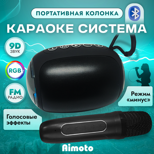 Караоке система и беспроводная колонка Aimoto MusicMix с микрофоном смена голоса звуковые эффекты для дома и семейного праздника нового года воспроизведение музыки через USB flash microSD карты Bluetooth AUX черный 195000₽