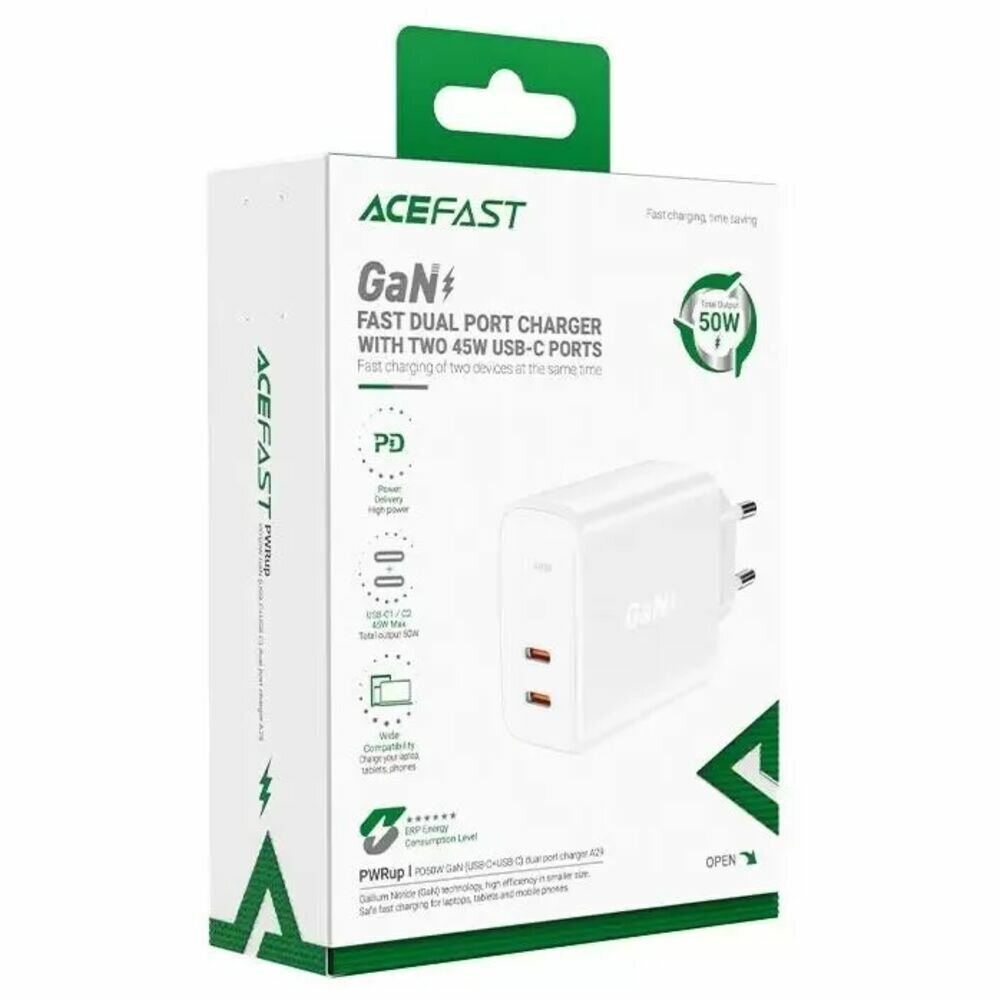 Зарядное устройство сетевое ACEFAST PD50W GaN USB-C+USB-C dual port charger (EU). Цвет: белый - фото №14