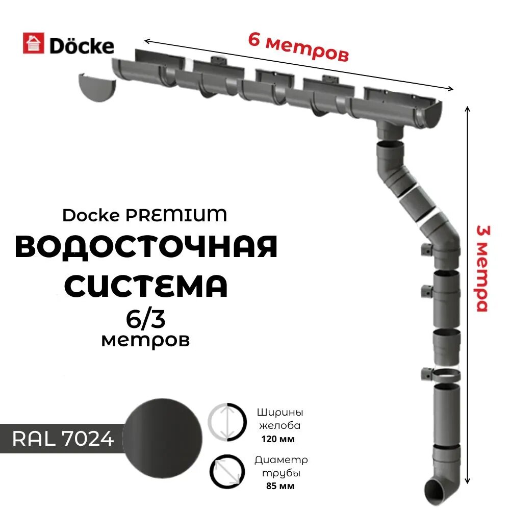 Комплект водосточной системы для крыши Docke PREMIUM 6/3 метра графит