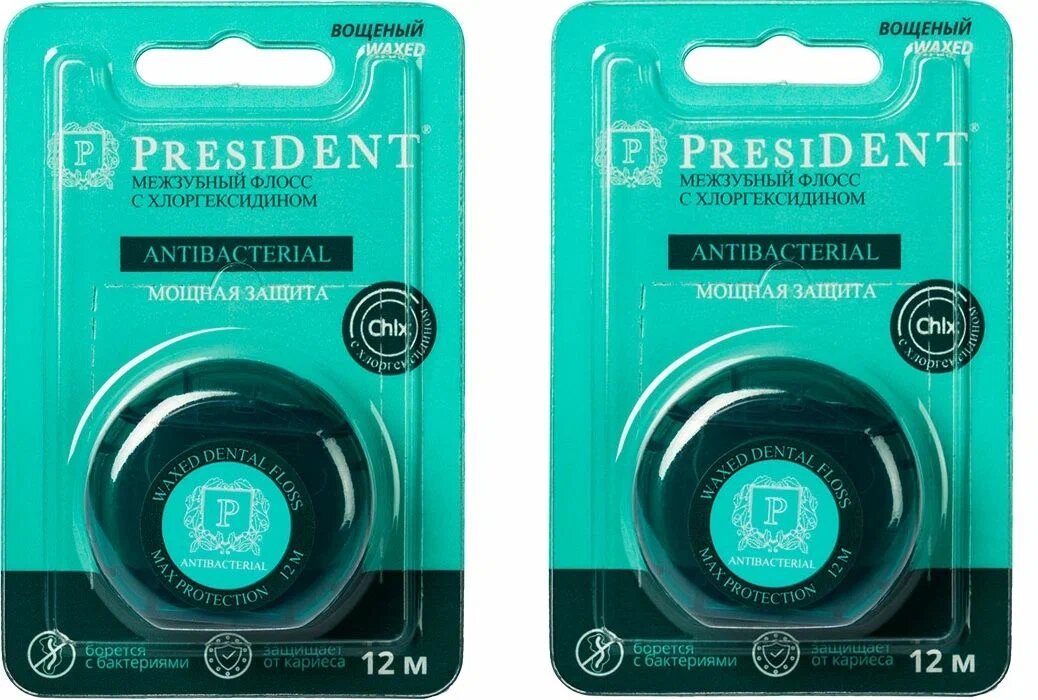 Зубная нить PresiDent Межзубный флосс Antibacterial с хлоргексидином 12 м, 2 шт.