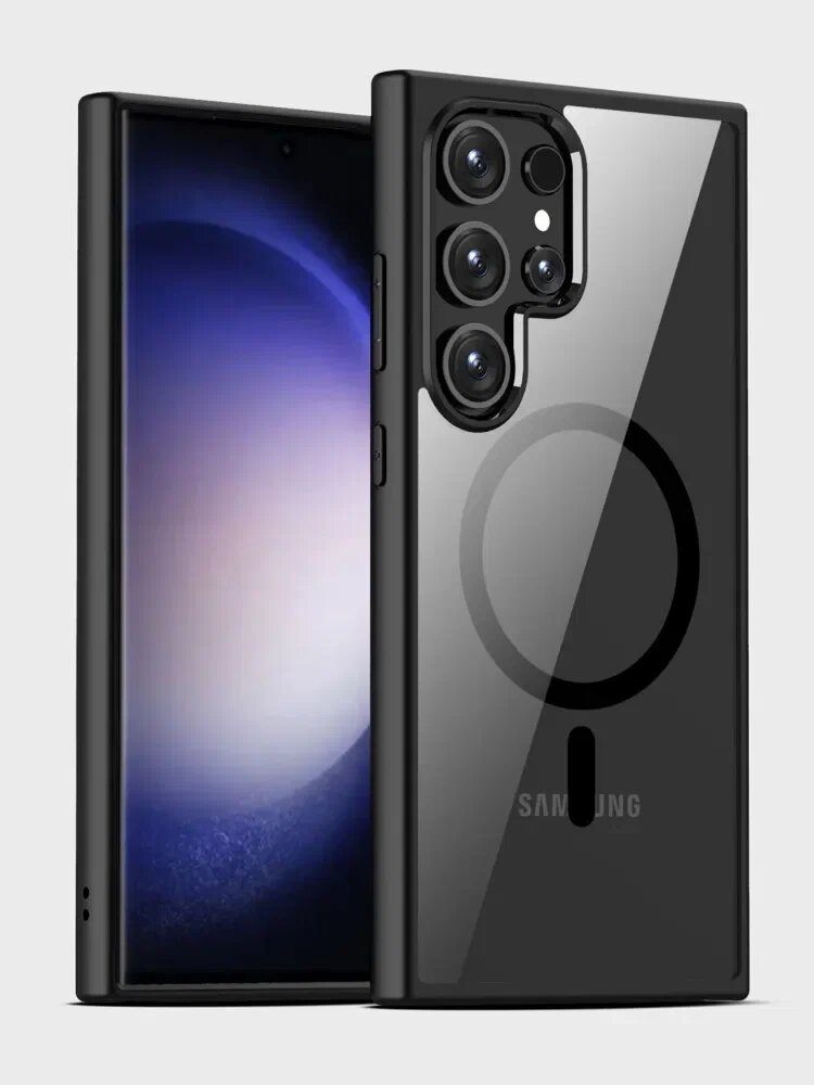 Чехол для Samsung S23 Ultra (MagSafe) Самсунг S23 Ультра с силиконовым кантом Crystal MagSafe Case (Чёрный)