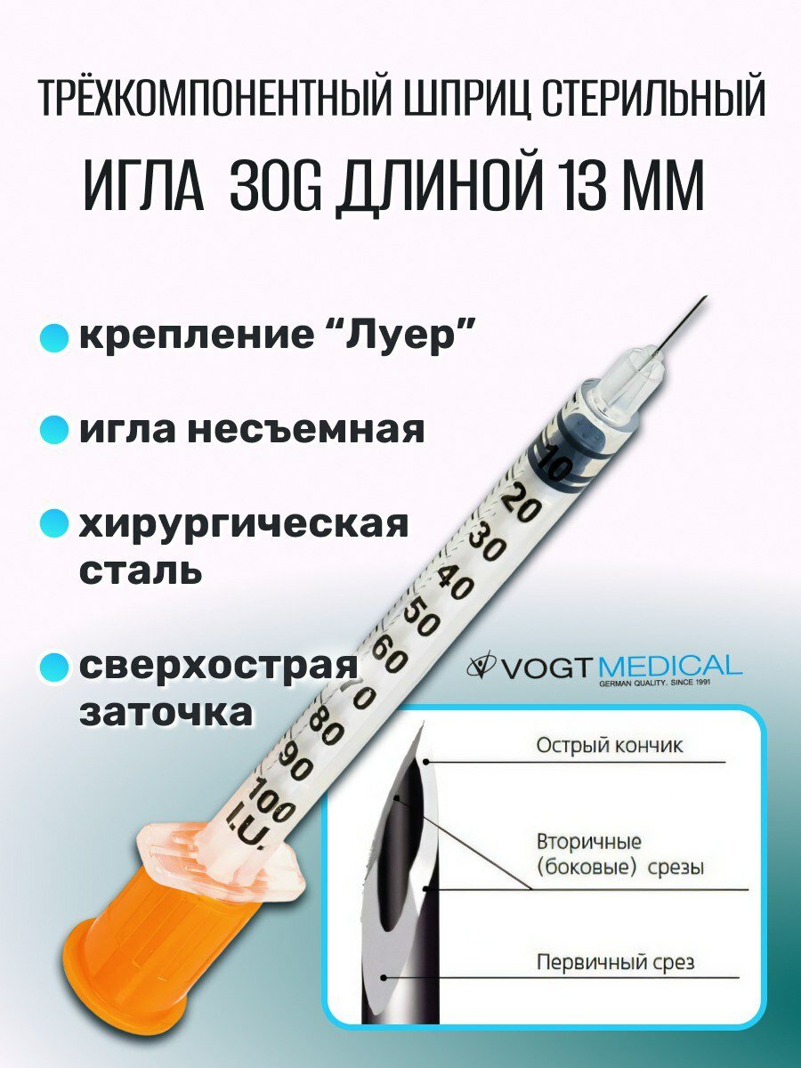 Шприц инсулиновый 1 мл со встроенной иглой 29G (0.33х13 мм) Vogt Medical - 100 шт