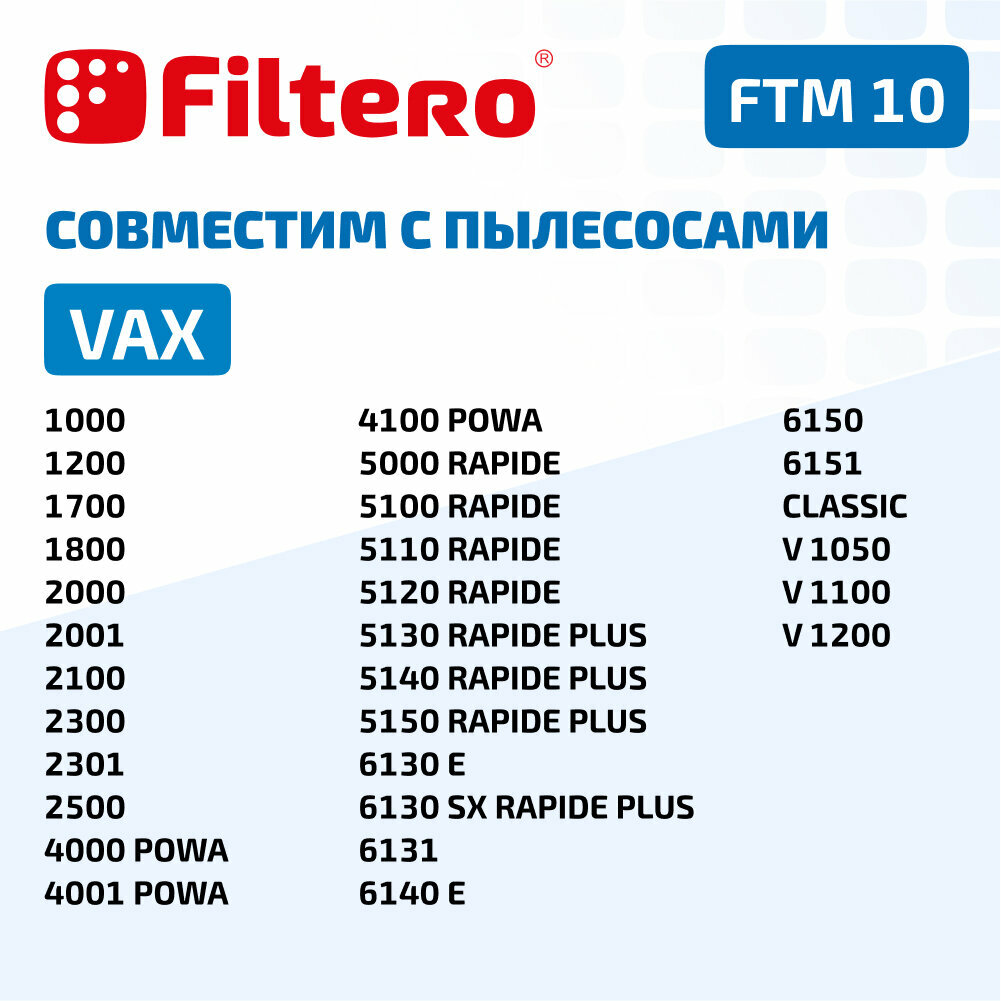 Набор фильтров FILTERO , для пылесосов VAX: 1000, 1200, 1700, 1800, 2000, 2001, 2100, 2300, 2301, 2500, 4000 Powa, 4001 Powa, 5000 Rapide, 5100 Rapide, 5110 Rapide, 5120 Rapide, 1 конусный фильт - фото №2