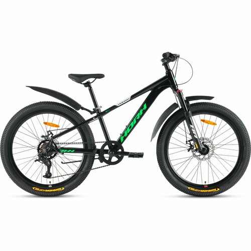 Велосипед горный HORH ROHAN RMD 24 (2024), хардтейл, детский, для мальчиков, алюминиевая рама, 7 скоростей, дисковые механические тормоза, цвет Black-Green-White, черный/зеленый/белый цвет, размер рамы 12, для роста 130-145 см