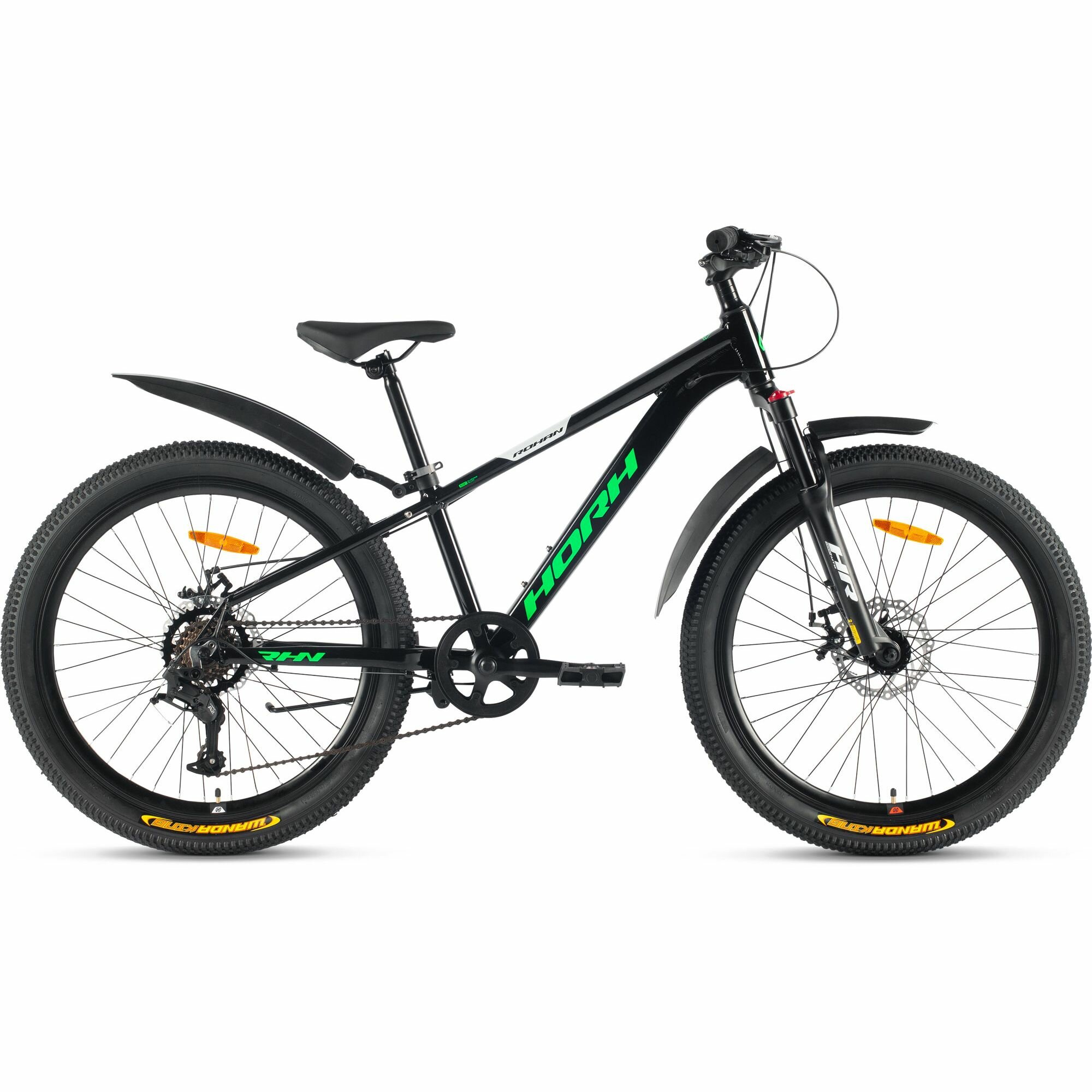 Велосипед горный HORH ROHAN RMD 24" (2024), хардтейл, детский, для мальчиков, алюминиевая рама, 7 скоростей, дисковые механические тормоза, цвет Black-Green-White, черный/зеленый/белый цвет, размер рамы 12", для роста 130-145 см