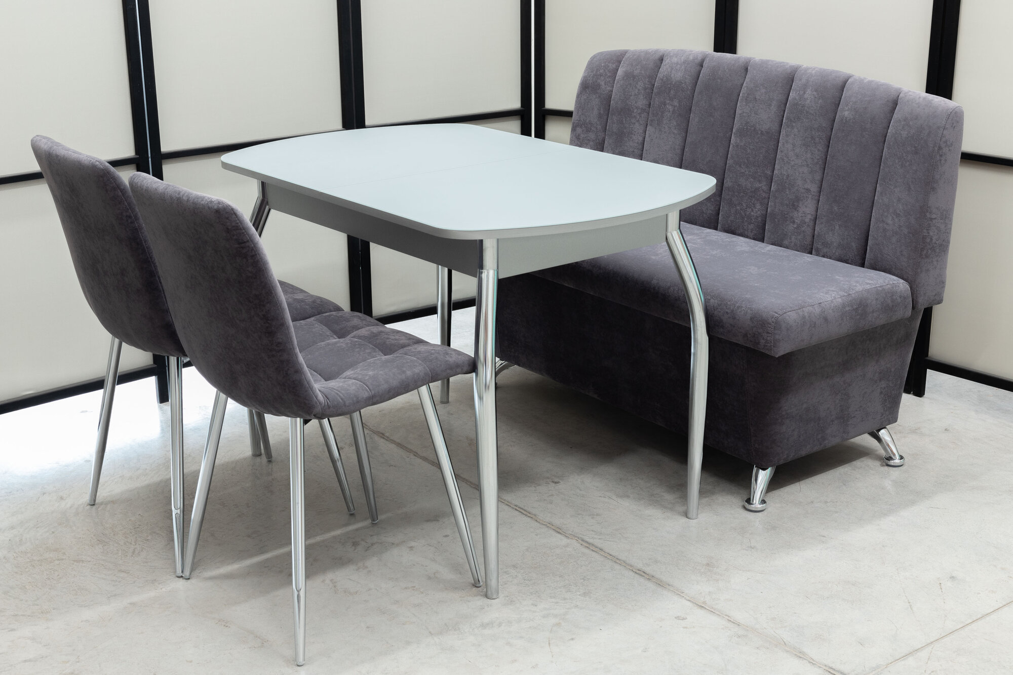 Обеденная группа Альт-7 Дуо, стол серый матовое стекло, 110(140)х70 см, обивка дивана антивандальная, моющаяся, антикоготь, цвет графит.