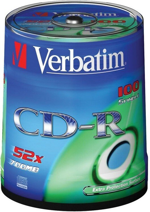 Носители информации CD-R, 52x, Verbatim Extra Protection, Cake/100, 43411