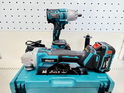 Изображение товара Набор бесщеточного аккумуляторного инструмента Smart 2 в 1 (гайковерт 650Нм + ушм 125мм), 21В, 4Ач, кейс, 2 аккумулятора