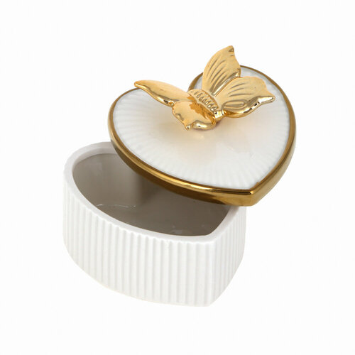 Шкатулка для украшений в виде сердца 10х8,2 см, керамика, белая с золотой бабочкой