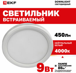 Светильник встраиваемый светодиодный EKF ДВО 1005 9Вт 4000K IP20