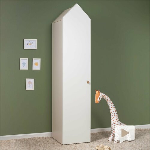 Шкаф пенал с полками узкий 214x47x51 в детскую комнату Андерсон 16.321, Сатин, Гикори Рокфорд Натуральный, белая шагрень