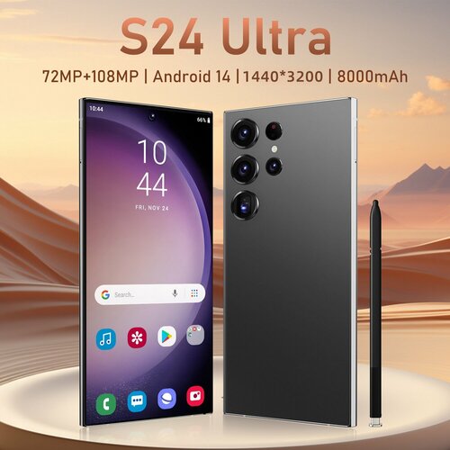 Phone S24 Ultra смартфон перфорированный экран incell Centre задняя крышка из премиального стекла встроенное перо русский язык Android-телефон сеть 5G wifi Bluetooth 40 игры 16 ГБ1 ТБ титановый черный 12590₽