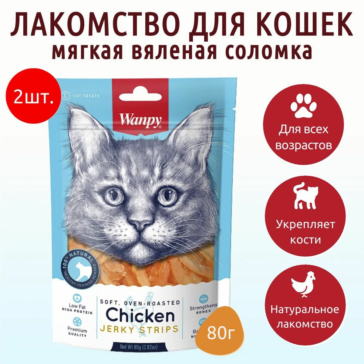 Лакомство Wanpy Cat 160 г (2 упаковки по 80 грамм) для кошек мягкая вяленая соломка из курицы. Ванпи Кэт
