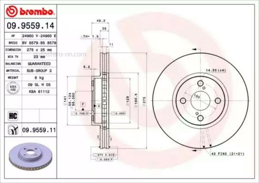 BREMBO 09955911 Диск тормозной передн, TOYOTA: COROLLA 02-, COROLLA седан 02-, COROLLA универсал 02-