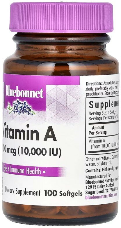 Картинки Bluebonnet Nutrition, витамин A, защита иммунитета и зрения, 3000 мкг (10 000 ME), 100 капсул