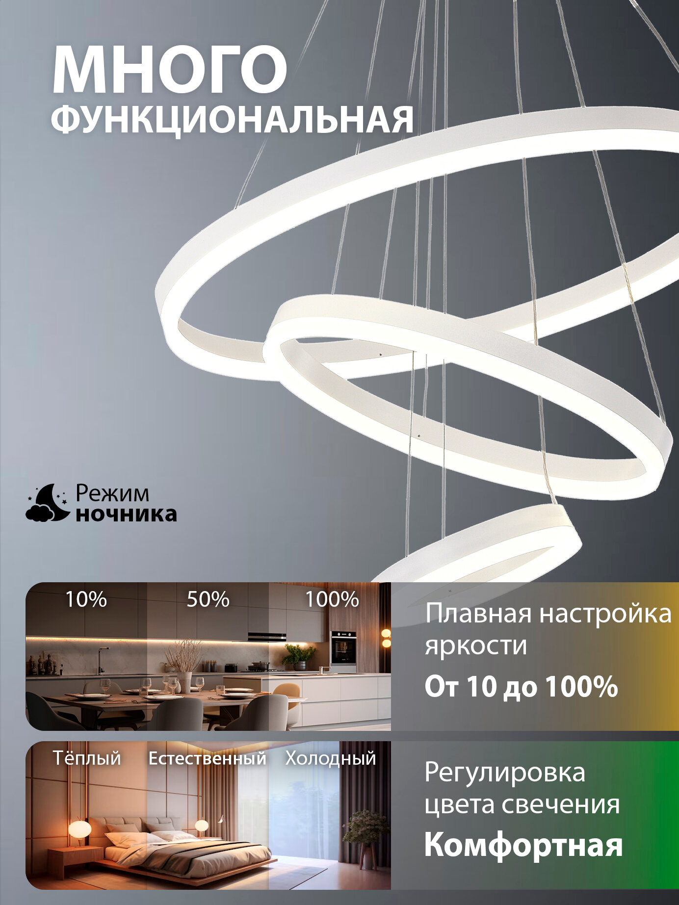 Светодиодная люстра тройной нимб с пультом ДУ, 140W, белый, LED — фото 1
