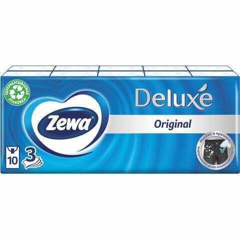 Изображение Платки носовые ZEWA Deluxe, 3-х слойные, 10 шт. х (спайка 10 пачек), 51174 (арт. 126255)