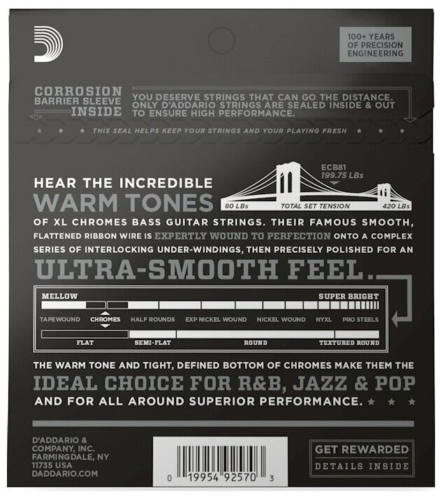 ECB81 Chromes Комплект струн для бас-гитары, Light, 45-100, Long Scale, D'Addario — фото 1