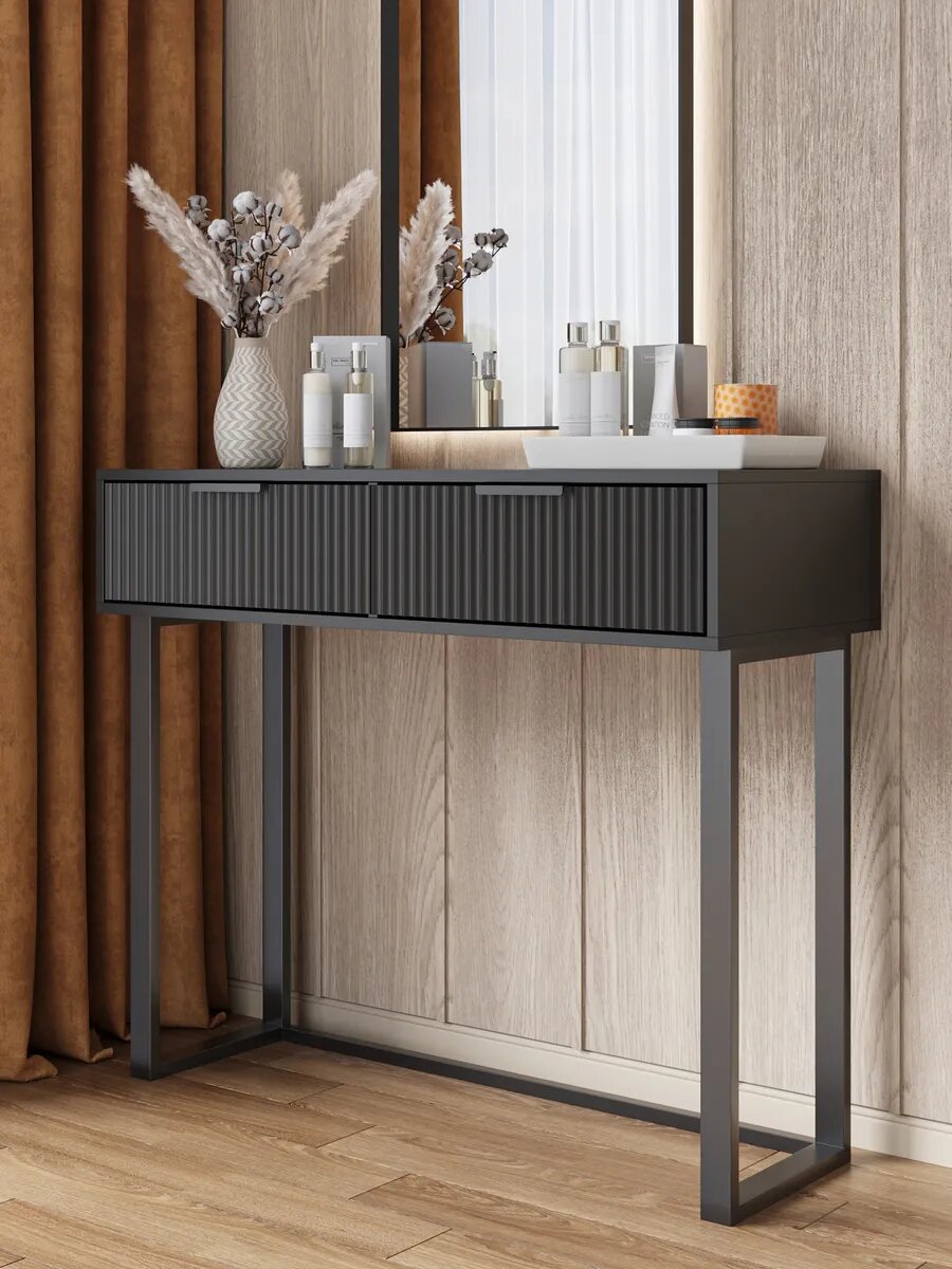 Туалетный столик на черных металлических ножках с 2 ящиками  серый графит