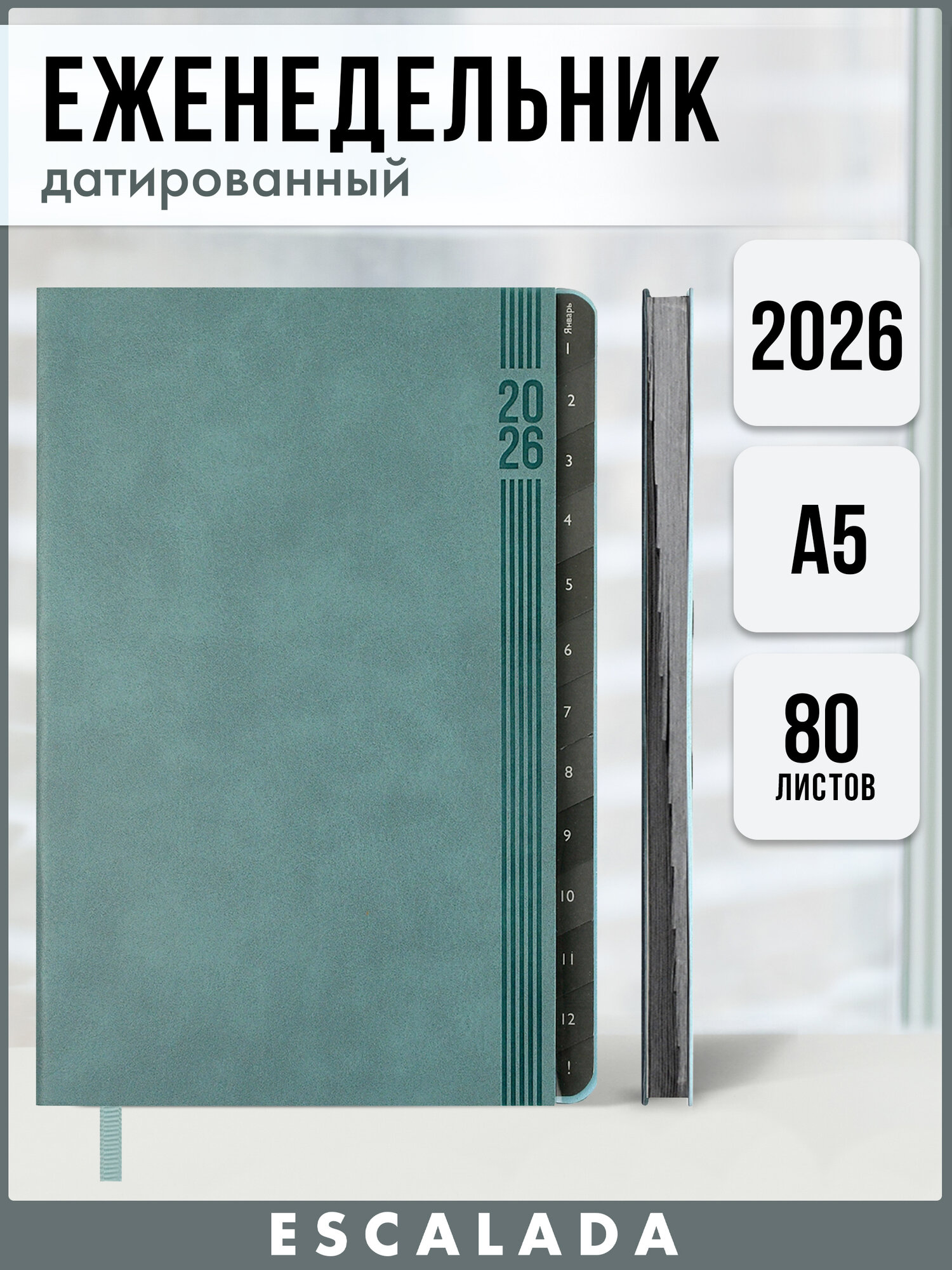 Еженедельник датированный 2026 Escalada А5, 80 листов, мягкий переплет, серо-голубой