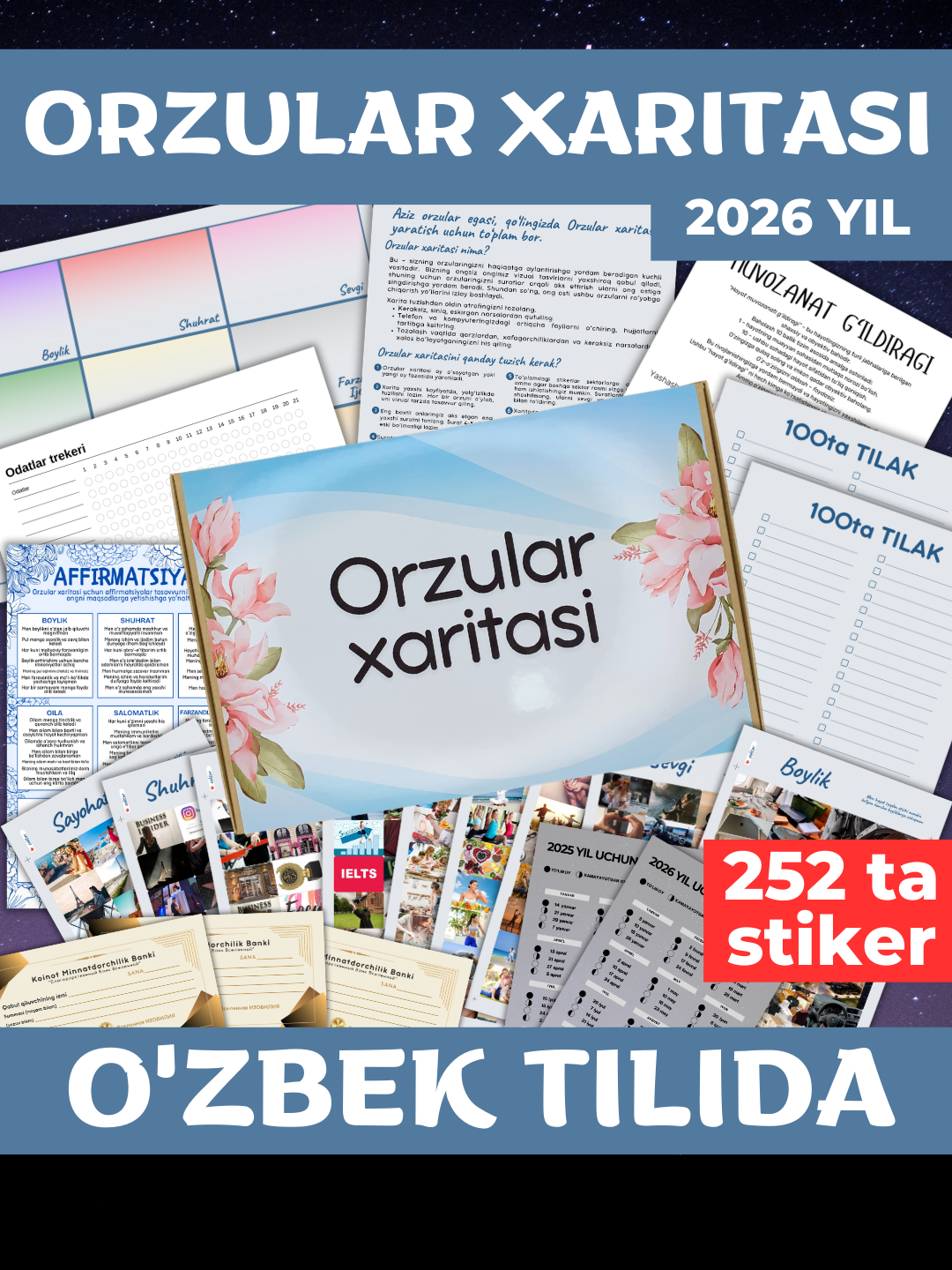 Карта желаний 2026 - подарочный набор для визуализации мечт, целей и успеха на узбекском языке