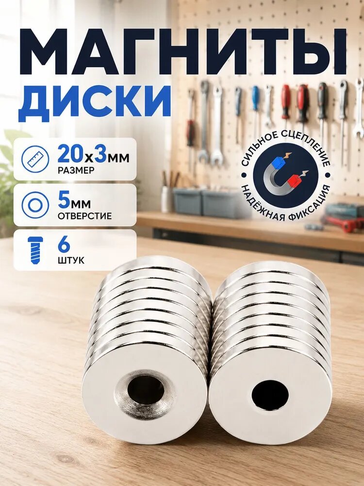 Магниты диски 20x3 мм - Отверстие для винта 5 мм - 6 шт