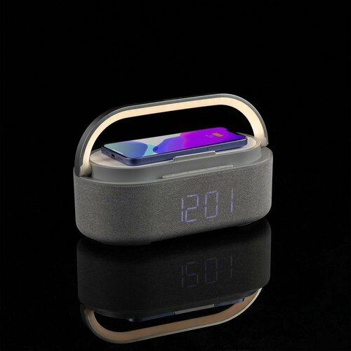 Колонка портативная блютуз с часами и беспроводной зарядкой Veske серая 799900₽