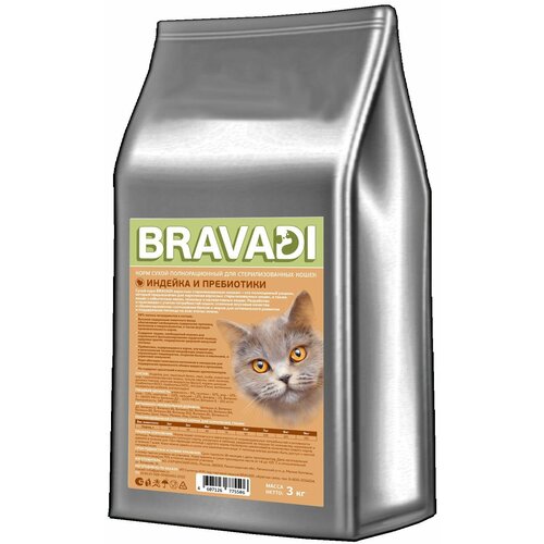 Сухой корм для стерилизованных кошек BRAVADI с индейкой и пребиотиками 3кг