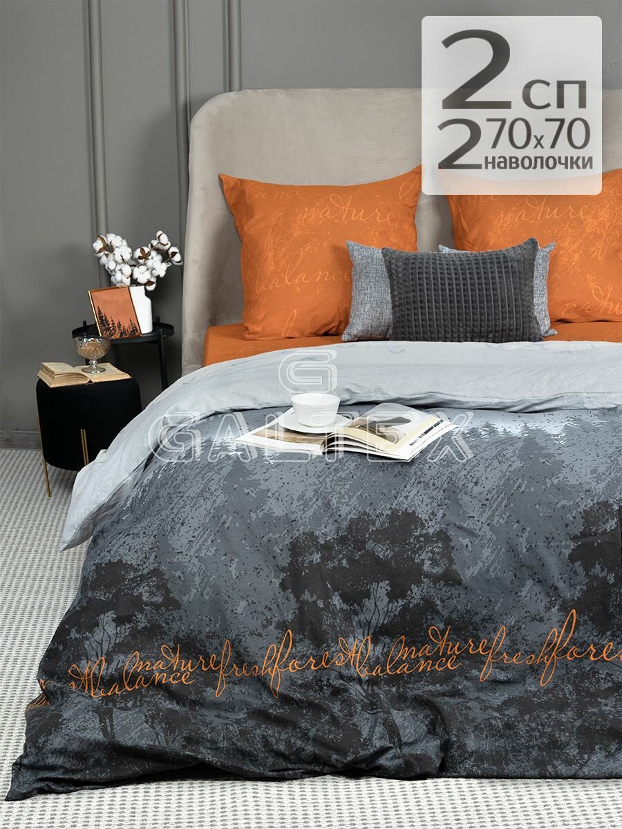 Постельное белье 2-х спальное / Комплект постельного белья 2-спальный(евро простыня) GALTEX компаньон: Эверест темно-серый Восход оранжевый