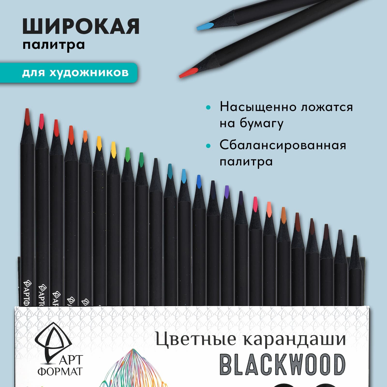 Набор цветных карандашей АРТформат Blackwood 24 цвета супер мягкий грифель трехгранные черное дерево