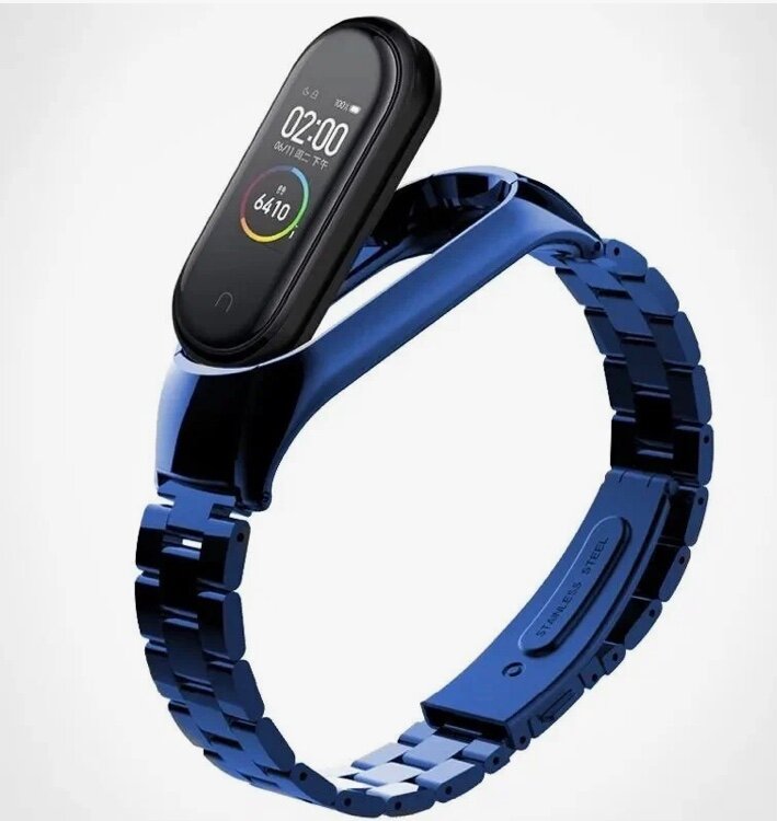 Металлический блочный ремешок для фитнес-трекера Xiaomi Mi Band 7 / Стальной синий браслет на смарт часы Сяоми Ми Бэнд 7 / синий