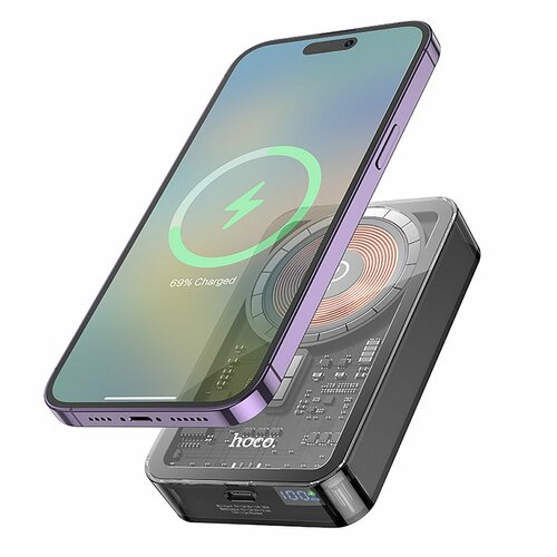 Магнитный аккумулятор с беспроводной зарядкой HOCO Q14A Ice Crystal, 10000 mAh, Qi 15W/PD 20W, Черный+Прозрачный